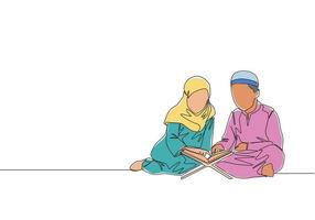einer kontinuierlich Linie Zeichnung von Muslim und muslimah Kinder lesen und rezitieren Koran. islamisch heilig Tag Ramadan kareem und eid Mubarak Gruß Karte Konzept Single Linie zeichnen Design Vektor Illustration