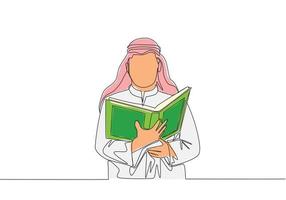 Single kontinuierlich Linie Zeichnung von jung Muslim Person lesen und rezitieren Koran im traditionell arabisch Tuch. islamisch heilig Tag Ramadan kareem Gruß Karte Konzept einer Linie zeichnen Design Vektor Illustration