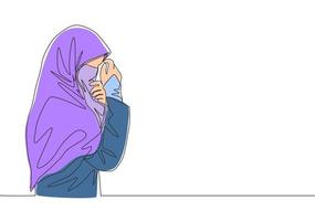 einer kontinuierlich Linie Zeichnung von jung glücklich Saudi arabisch muslimah tragen Burka und Abdeckung Gesicht mit Hände. traditionell islamisch Frau Niqab Kleid Konzept Single Linie zeichnen Design Vektor Illustration