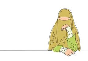 einer Single Linie Zeichnung von jung glücklich Schönheit Saudi arabisch muslimah tragen Burka und Sitzung auf Stuhl. traditionell arabisch Frau Niqab Stoff Konzept kontinuierlich Linie zeichnen Design Vektor Illustration