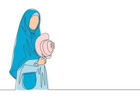 einer kontinuierlich Linie Zeichnung von jung glücklich muslimah auf islamisch Stoff halten süß Hut. attraktiv Mitte Osten Frauen Modell- im modisch Hijab Mode Konzept Single Linie zeichnen Design Vektor Illustration