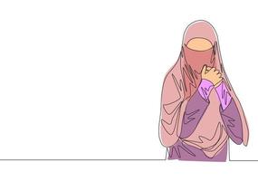 einer kontinuierlich Linie Zeichnung von jung attraktiv asiatisch muslimah tragen Burka während berühren ihr Brust. traditionell Schönheit islamisch Frau Niqab Kleid Konzept Single Linie zeichnen Design Vektor Illustration