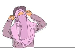 ett kontinuerlig linje teckning av ung söt skönhet mitten öst muslim bär burka med trendig hatt. traditionell skön islamic kvinna niqaab klänning begrepp enda linje dra design vektor illustration
