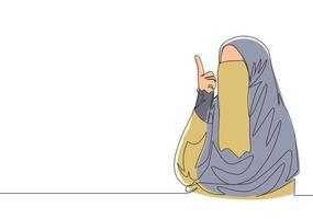 einer kontinuierlich Linie Zeichnung von jung Schönheit asiatisch muslimah tragen Burka während zeigen Finger zu das Himmel. traditionell islamisch Frau Niqab Kleid Konzept Single Linie zeichnen Design Vektor Illustration