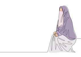 einer Single Linie Zeichnung von jung attraktiv Mitte Osten muslimah tragen Burka Sitzung auf Stuhl. traditionell schön arabisch Frau Niqab Stoff Konzept kontinuierlich Linie zeichnen Design Vektor Illustration