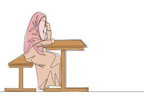 einer kontinuierlich Linie Zeichnung von jung glücklich attraktiv muslimah tragen Burka Sitzung auf Stuhl warte zum Freund. traditionell islamisch Frau Niqab Kleid Konzept Single Linie zeichnen Design Vektor Illustration