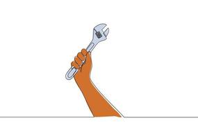 einer kontinuierlich Linie Zeichnung von Mann halten rostfrei Stahl Schlüssel Taste. Heimwerker Werkzeuge Konzept. Single Linie zeichnen Vektor Design Illustration