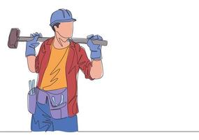 ett enda linje teckning av ung konstruktion byggare bär enhetlig, verktyg bälte och hjälm medan innehav hammare. hantverkare Hem reparera service begrepp. kontinuerlig linje dra design illustration vektor
