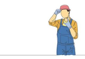 Single kontinuierlich Linie Zeichnung von jung Handwerker tragen Arbeiter Uniform und Helm. Handwerker Konstruktion Instandhaltung Bedienung Konzept. einer Linie zeichnen Design Illustration vektor