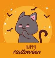 Happy Halloween Banner mit niedlichen Katze und Fledermäusen fliegen vektor