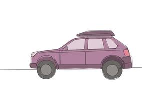 kontinuerlig linje teckning av tuff sUV bil med tak kuggstång. äventyr fordon transport begrepp. ett enda kontinuerlig linje dra design vektor