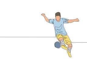 ett kontinuerlig linje teckning av ung begåvad fotboll spelare kontrollerande de boll med hans rätt fot. fotboll match sporter begrepp. enda linje dra design vektor illustration