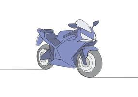 einer kontinuierlich Linie Zeichnung von Luxus sportlich Motorrad zum Rennen Logo. groß Sport Motorrad Konzept. Single Linie zeichnen Design Vektor Illustration