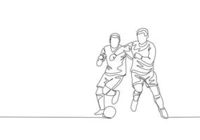 Single kontinuierlich Linie Zeichnung von jung energisch Fußball Spieler Ellbogen Gegner Spieler während Kampf zum das Ball. Fußball Spiel Sport Konzept. einer Linie zeichnen Design Vektor Illustration