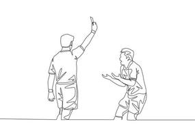 Single kontinuierlich Linie Zeichnung von Schiedsrichter bestraft jung Fußball Spieler ein Gelb Karte zu seine Foul beim das Spiel. Fußball Spiel Sport Konzept. einer Linie zeichnen Design Vektor Illustration