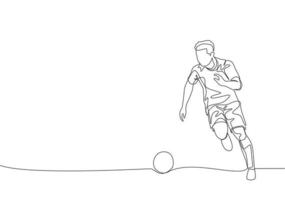 ett kontinuerlig linje teckning av ung energisk fotboll spelare dribblingar de boll till de motståndare område. fotboll match sporter begrepp. enda linje dra design vektor illustration