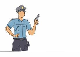 Kontinuierliche einzeilige Zeichnung eines jungen Polizisten, der Uniform trägt und eine Handrevolverpistole hält. professioneller Job Beruf minimalistisches Konzept. Einzeilige Zeichnung Design Vektorgrafik Illustration vektor