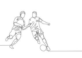 enda kontinuerlig linje teckning av ung energisk fotboll spelare försvara de boll från motståndare spelare vem vilja till beslagtagen Det. fotboll match sporter begrepp. ett linje dra design vektor illustration