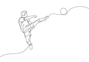 einer Single Linie Zeichnung von jung glücklich Fußball Spieler trainieren treten das Ball während Springen beim das Feld Stadion. Fußball Spiel Sport Konzept. kontinuierlich Linie zeichnen Design Vektor Illustration