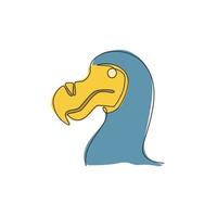 Eine einzige Strichzeichnung eines entzückenden, lustigen Dodo-Vogelkopfes für die Logoidentität. ausgestorbenes Tiermaskottchenkonzept für das Symbol des Nationalparks. durchgehende Linie Grafik zeichnen Design-Vektor-Illustration vektor
