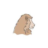 en kontinuerlig linjeteckning av babianhuvud för bevarande djungellogotyp. primat djur maskot koncept för nationalpark ikon. trendiga en rad rita grafisk design vektorillustration vektor