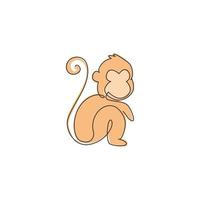 en kontinuerlig linjeteckning av söt sittande apa för bevarande djungellogotypidentitet. bedårande primat djur maskot koncept för nationalpark ikon. enkel rad rita design vektorillustration vektor