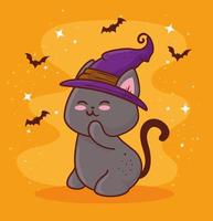 Halloween mit niedlicher Katze, die einen Hexenhut und fliegende Fledermäuse trägt vektor
