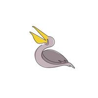 en kontinuerlig linjeritning av söt pelikan för leveransservice företagets logotyp identitet. stor fågelmaskotkoncept för produktfrakttjänstföretag. enkel rad rita design vektorillustration vektor