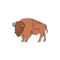 en kontinuerlig linjeritning av stark nordamerikansk bison för bevarande skogslogotyp. stor tjur maskot koncept för nationalpark. dynamisk en rad rita design illustration vektorgrafik vektor