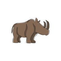 en enda linjeteckning av stark noshörning för bevarande nationalparks logotyp. stora afrikanska noshörningsdjurmaskotkoncept för nationell zoosafari. kontinuerlig linje rita design illustration vektor