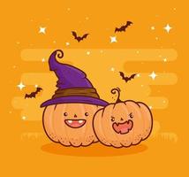 halloween söta pumpor med häxahatt och fladdermöss som flyger vektor