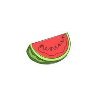 eine durchgehende Strichzeichnung von geschnittener gesunder Bio-Wassermelone für die Logoidentität des Obstgartens. Frisches Fruchtkonzept für Obstgarten-Symbol. moderne einzeilig zeichnende Design-Grafik-Vektor-Illustration vektor