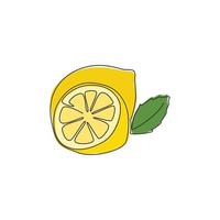 enda kontinuerlig linjeritning av hel och skivad hälsosam ekologisk citron för fruktträdgårdslogotyp. färsk frukt fruktkoncept för fruktträdgårdsikon. moderna en rad rita design vektorillustration vektor