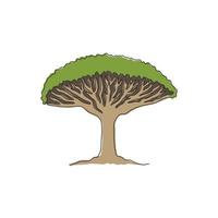 enda kontinuerlig linjeteckning skönhet och exotiska drakblodsträd för hemväggdekor affischtryck. dracaena cinnabari-träd för nationalparkens logotyp. moderna en rad rita design vektorillustration vektor