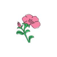 en kontinuerlig linjeteckning av skönhet färska petunioideae för hem vägg dekor affisch. utskrivbar dekorativ petunia blomma för gratulationskort prydnad. moderna en rad rita design vektorillustration vektor