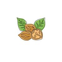 Eine einzige Strichzeichnung von ganzen gesunden Bio-Walnuss-Lebensmitteln und Blättern für die Logo-Identität des Obstgartens. Frisches Nussschalenkonzept für gesundes Samensymbol. moderne durchgehende Linie zeichnen Design-Vektor-Illustration vektor