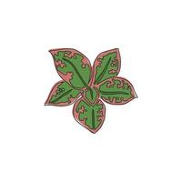 einzelne durchgehende Linie, die süße tropische Blätter Aglaonema-Pflanze aus der Draufsicht zeichnet. Druckbares dekoratives Zimmerpflanzenkonzept für die Wanddekoration zu Hause. moderne eine linie zeichnen design vektorgrafik illustration vektor