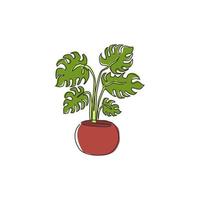 enda kontinuerlig linjeteckning exotiska krukväxter tropiska löv monstera växt. utskrivbart dekorativt krukväxtkoncept för hemväggsdekoration. moderna en rad rita design grafisk vektorillustration vektor