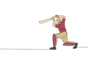 einer Single Linie Zeichnung von jung energisch Mann Kricket Spieler Fokus zu erhalten Ball von Krug Vektor Illustration. Sport Konzept. modern kontinuierlich Linie zeichnen Design zum Kricket Wettbewerb Banner