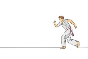 en kontinuerlig linjeteckning ung sportig brasiliansk fighter man tränar capoeira på stranden. hälsosam traditionell kampsport koncept. dynamisk en rad rita grafisk design vektorillustration vektor