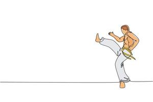 enda kontinuerlig linjeteckning av ung sportig man öva brasiliansk capoeira rörelsedans på utomhusgatan. kultur kampsport och sport koncept. trendiga en rad rita design vektorillustration vektor