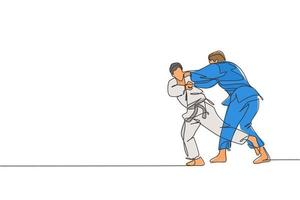 Eine einzige Strichzeichnung von zwei jungen, energischen Judokas-Kämpfern kämpft in der Vektorgrafik des Fitnessstudios. Kampfkunst-Sportwettbewerbskonzept. modernes Design mit durchgehender Linie vektor