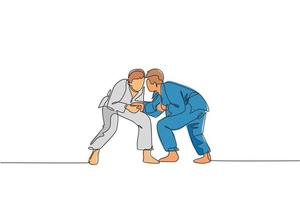 enda kontinuerlig linjeteckning av två unga sportiga judoka fighter män tränar judo skicklighet på dojo gym center. slåss jujitsu, aikido sport koncept. trendiga en rad rita design vektorillustration vektor