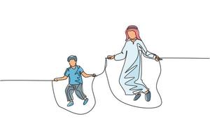 en enda radritning av unga islamiska far och son spelar hopprep tillsammans på utomhusparken vektorillustration. arabiska muslimska familj föräldraskap koncept. modern kontinuerlig linje rita design vektor