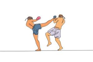 einzelne durchgehende Linienzeichnung von zwei jungen sportlichen Männern, die thailändisches Boxen im Fitnessstudio trainieren. kämpferisches muay thai sportkonzept. Wettkampfveranstaltung. trendige einzeilige zeichnen design-vektorillustration vektor