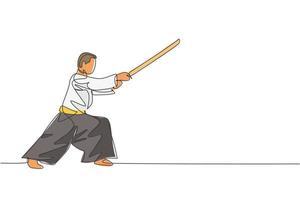 Eine einzige Strichzeichnung eines jungen energischen Mannes, der Kimono-Übungs-Aikido-Technik mit Holzschwert in der Sporthalle-Vektorillustration trägt. Gesundheits-Lifestyle-Sport-Konzept. Design mit durchgehender Linienzeichnung vektor