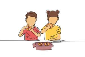 kontinuerlig en rad ritning två pojkar och flickor med munkar måltid med handen runt bordet. glad och njut av frukosten hemma. välsmakande och hälsosam mat. enda rad rita design vektorgrafisk illustration vektor