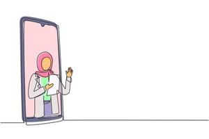 Einzelne eine Strichzeichnung Hijab Ärztin kommt aus dem Smartphone-Bildschirm, der die Zwischenablage hält. Medizinische Online-Dienste, medizinische Beratung. durchgehende Linie zeichnen Design-Grafik-Vektor-Illustration vektor