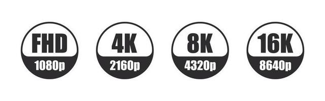 4k Ultra hd Etiketten. Video oder Bildschirm Auflösung Symbole. voll hd, 4k Ultra hd, 8 Tausend 16k Bildschirm Auflösung Symbole. Vektor Abzeichen