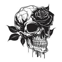 skalle med reste sig blomma svart översikt vektor. mänsklig skalle med reste sig skiss teckning, tatuering vektor illustration isolerat på vit bakgrund